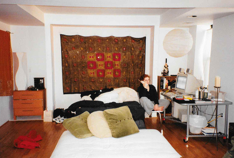 (embarrassing pic #1, my first apartment / office, complete with items strewn everywhere, a huge CRT monitor and bare feet)